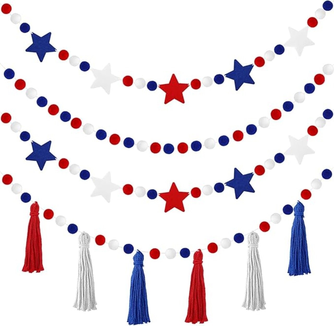 4 Pack 26.3 Feet Patriotic Stars Banner Tassel Pom Pom Red Blue White Star Garland for 4th of July Independence Day Patriotic Veterans Party Memorial Day Birthday Hanging Decorations